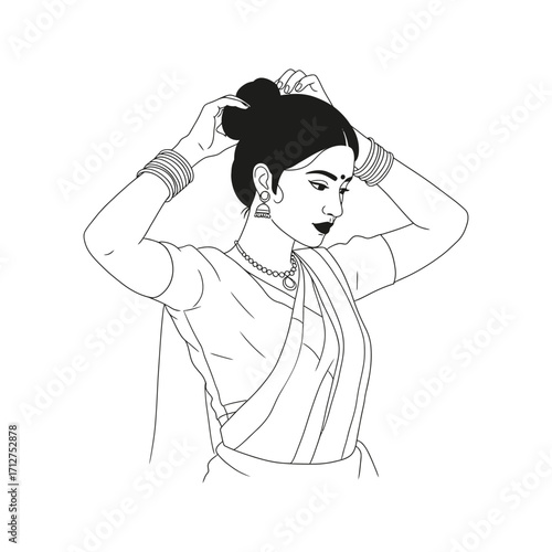 Elegant Indian Woman in Saree Line Art Drawing Black and White Illustration South Asian Fashion Cultural Portrait