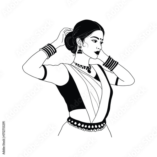 Elegant Indian Woman in Sari Black and White Line Art Illustration