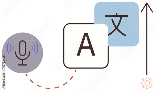 Microphone icon and alphabet blocks represent voice recognition and language translation with an upward arrow and cogwheel. Ideal for technology, language learning, globalization, digital tools, AI