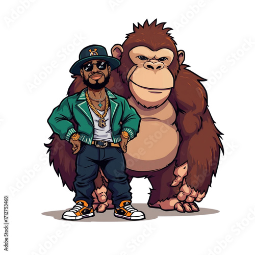 man and cartoon of big monkey mascot hip hop style 