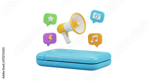 Isolated blue flip-phone mockup with various app notifications, rendering for advertisement