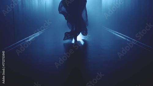 dark silhouette woman running away along black corridor hall. Adult girl in long train hem skirt silk fabric dress fly in slow motion back rear view horror creepy night scene blue color light film