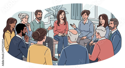 Diverse group therapy session fosters connection and healing, promoting mental wellness and support in a safe space for sharing and growth
