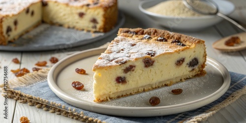 Polish cheesecake: Photo of a large piece of traditional Polish cheesecake with raisins. Style: homemade, rustic.