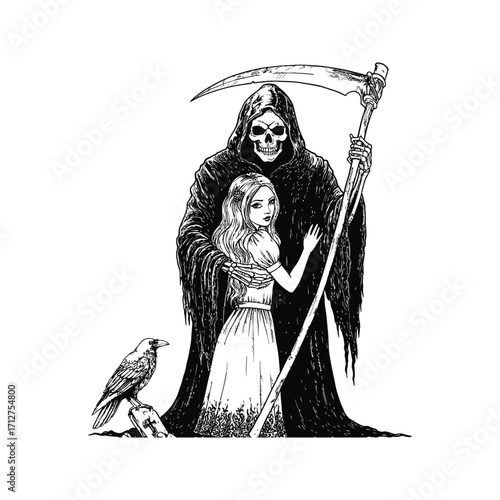 Grim Reaper Embracing Girl Crow on Tombstone Black Ink Drawing Gothic Art Death Illustration