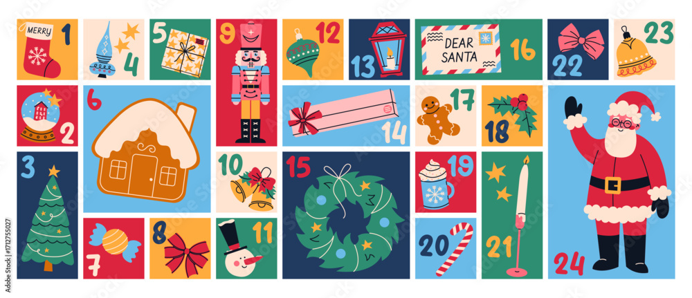 Naklejka premium Printable Advent calendar design. Countdown to Christmas with numbers. Cute festive template with Santa Claus, nutcracker, gifts, wreath, snowman, gingerbread, ornaments and tree.