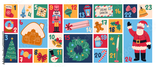 Printable Advent calendar design. Countdown to Christmas with numbers. Cute festive template with Santa Claus, nutcracker, gifts, wreath, snowman, gingerbread, ornaments and tree.
