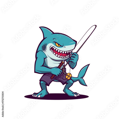 angry shark with mascot fishing