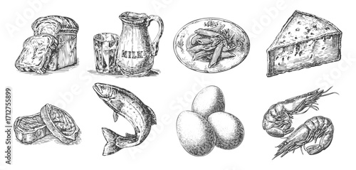 Set of food - bread, milk, pasta, cheese, raw meat, fish, eggs and prawns seafood illustrations that look like etched or engraved vintage printmaking drawings. Generative AI