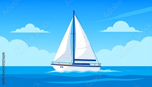 Sailing vessel on a calm sea under a partly cloudy sky. Flat cartoon style