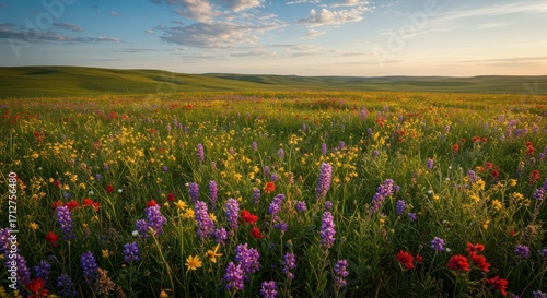 A vast, colorful prairie landscape bursts with wildflowers in vibrant hues of yellow, red, purple, and blue, under a serene sky at dawn.