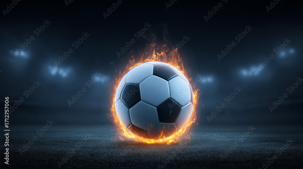 Naklejka premium Flaming Soccer Ball in Stadium Lights
