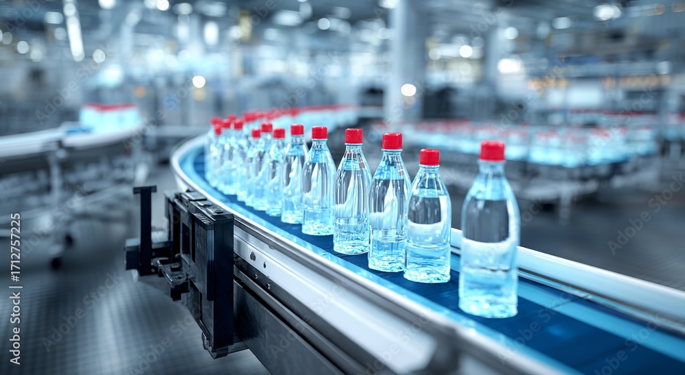 custom made wallpaper toronto digitalClose-Up of Glass Water Bottles with Red Caps Moving on Production Line in Industrial Factory Setting