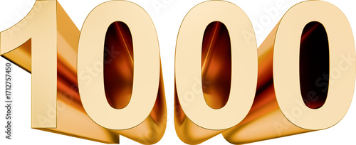 Cuadro en lienzo Wide angle view of the number 1000 (one thousand) in golden 3d letters on transparent background