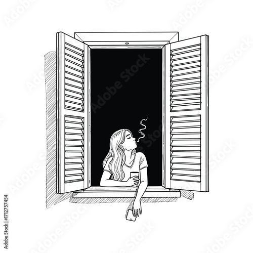 Woman relaxing at open window with coffee smartphone sketch style illustration