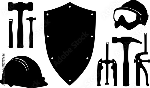 Shield mechanic repair service tools protection silhouette vector illustration
