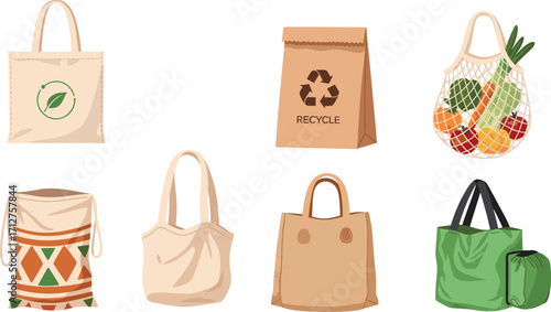 Reusable eco bags, paper tote, net produce sack, tribal drawstring, grocery carrier, sustainable shopping, zero waste lifestyle, vector illustration set