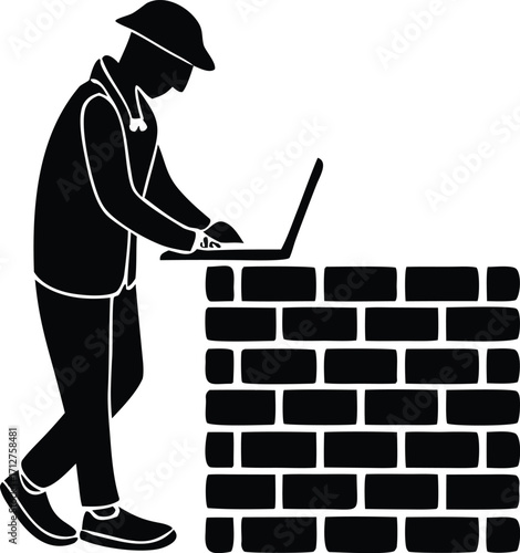 Silhouette expert using laptop next to brick wall security concept icon