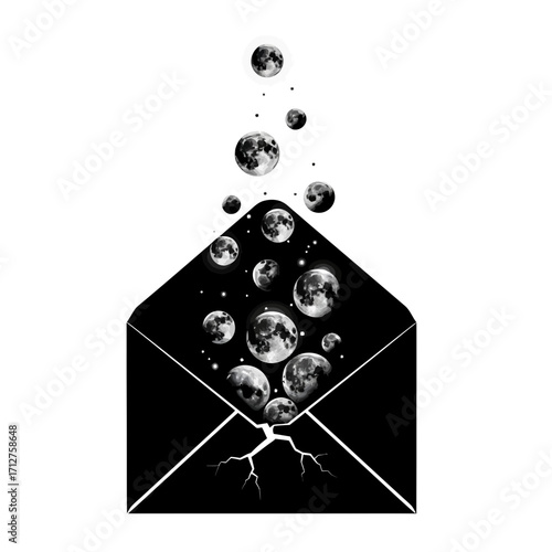Black envelope silhouette spilling moons into the sky isolated on white background