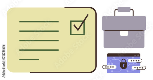 Checklist with tick mark, briefcase, and password-entry interface. Ideal for organization, security, privacy, corporate tasks, data protection workflow planning and authentication. Simple flat