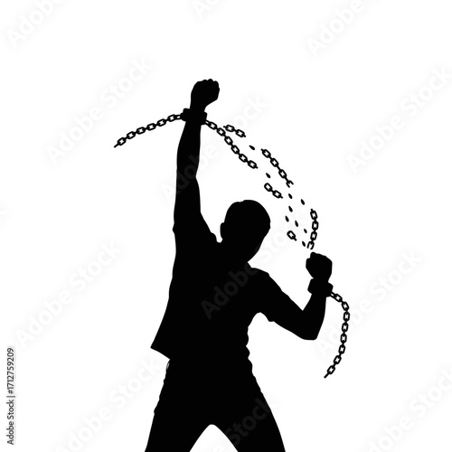 Man breaking chains silhouette isolated on white background