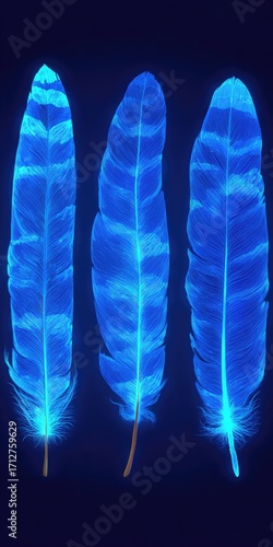 Three vibrant, luminous blue feathers stand out against a dark backdrop, showcasing intricate striations and a captivating glow.