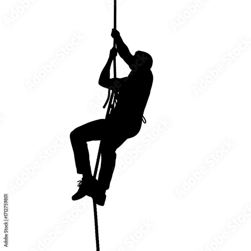 Man climbing rope silhouette isolated on white background