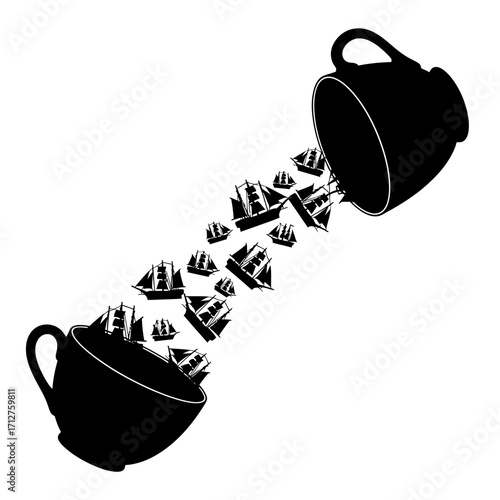Sailing ships pouring from a cup silhouette isolated on white background
