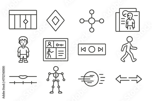 Animation Tools Icons. Line style icons of animation: timeline panel icon, keyframe marker, rigging tool, onion skin icon,