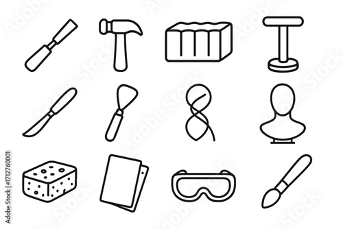 Sculpture Tools Icons. Line style icons of sculpture tools: chisel icon, hammer for carving, clay block, sculpting stand, carving