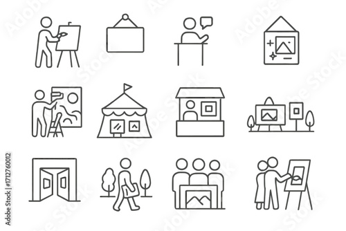 Art Event Icons. Line style icons of art events: live painting session, open studio sign, artist talk icon, gallery night invite,