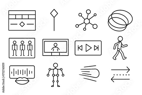 Animation Tools Icons. Line style icons of animation: timeline panel icon, keyframe marker, rigging tool, onion skin icon,