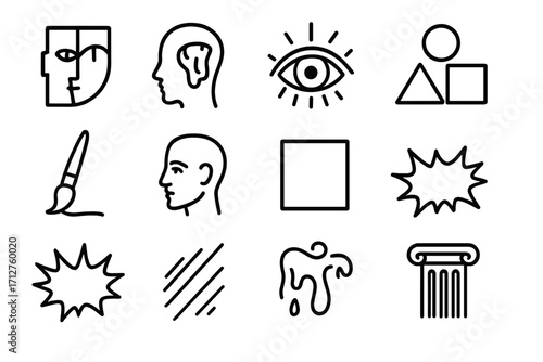 Art Movements Icons. Line style icons of art movements: cubism icon, surrealism icon, expressionism eye, abstract shapes,
