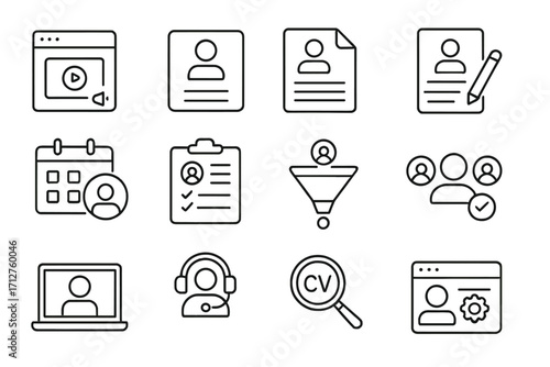 HR Recruitment Icons. Line style icons of HR recruitment process: job posting icon, candidate profile, resume document,
