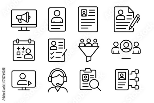 HR Recruitment Icons. Line style icons of HR recruitment process: job posting icon, candidate profile, resume document,