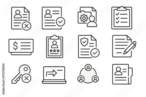 Line Style Offboarding Icons. Line style icons of exit and offboarding: resignation letter, exit interview form, knowledge