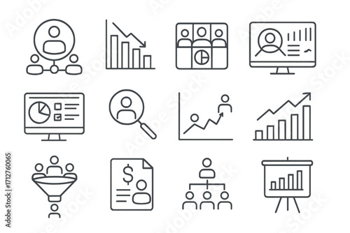 HR Analytics Icons. Line style icons of HR analytics: employee metrics icon, attrition rate chart, diversity data icon, talent