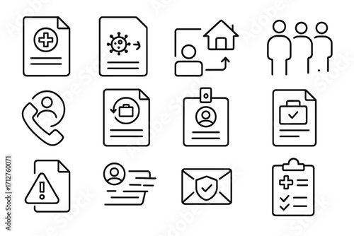 HR Crisis Management Icons. Line style icons of HR crisis management: emergency plan file, pandemic policy, remote shift icon,