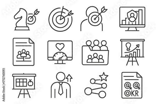 Line Style HR Icons. Line style icons of HR goals and planning: strategic HR goals icon, quarterly target board, recruitment