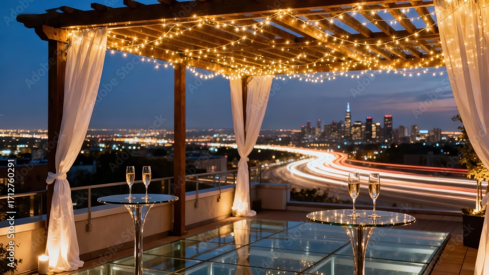 Fototapeta premium Elegant rooftop setting under a pergola at twilight, featuring a city skyline view and sparkling champagne.