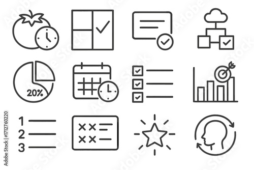 Productivity Icons Set. Line style icons of productivity techniques: Pomodoro method, Eisenhower matrix, 2-minute rule card, GTD