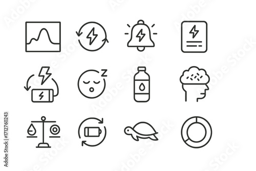 Energy Management Icons. Line style icons of energy management: peak energy chart, energy cycle icon, break reminder bell, energy