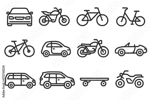 Vehicle Icons Collection. Line style icons of personal vehicles: car front view, motorbike side view, bicycle icon, electric kick