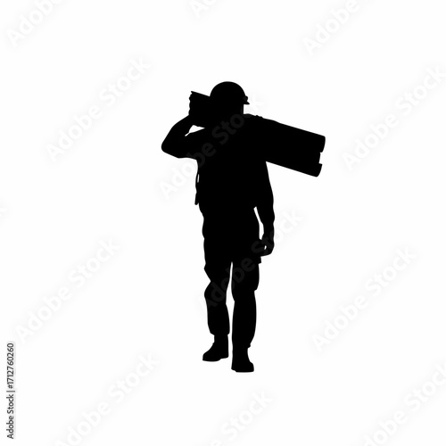 Silhouette of construction worker adjusting helmet and carrying roofing sheet isolated on white background