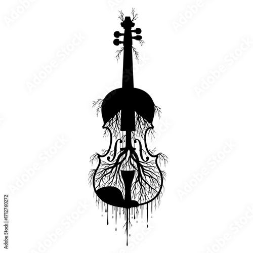 Violin silhouette with tree roots and dripping effect isolated on white background