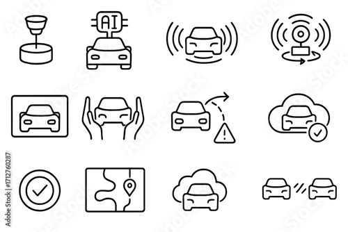 Autonomous Vehicle Icons. Line style icons of autonomous vehicles: lidar scanner icon, AI car brain, sensor detection field, 360