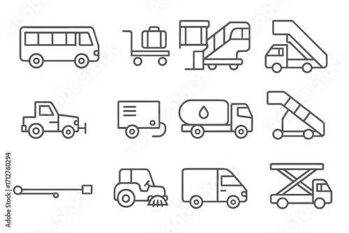 Airport Transport Icons. Line style icons of airport transport: shuttle bus icon, baggage cart, jet bridge icon, airport train,