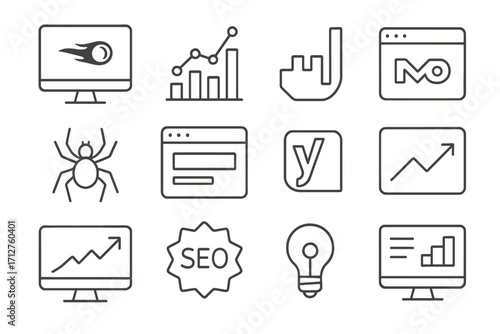 SEO Tool Icons. Line style icons of SEO tools and platforms: SEMrush logo screen, Ahrefs chart icon, Moz bar icon, Screaming Frog
