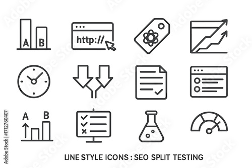 SEO Split Testing Icons. Line style icons of SEO split testing: A/B test bar, variant URL icon, experiment tag, split testing
