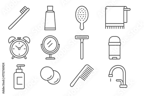 Morning Routine Icons. Line style icons of morning routine items: toothbrush icon, toothpaste tube, hairbrush icon, face towel,